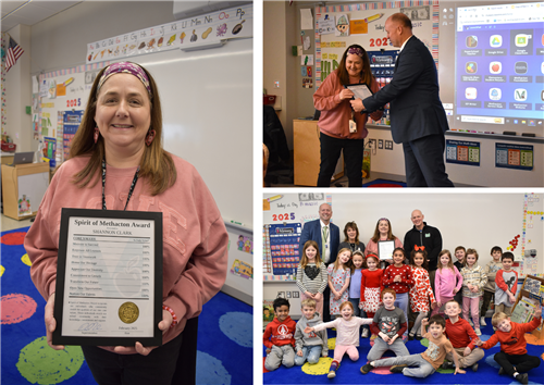 photo of teacher shannon clark standing with spirit of methacton certificate, and photos of her in the classroom with student