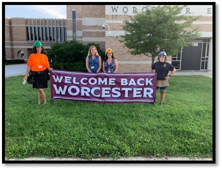welcome back Worcester sign and teachers